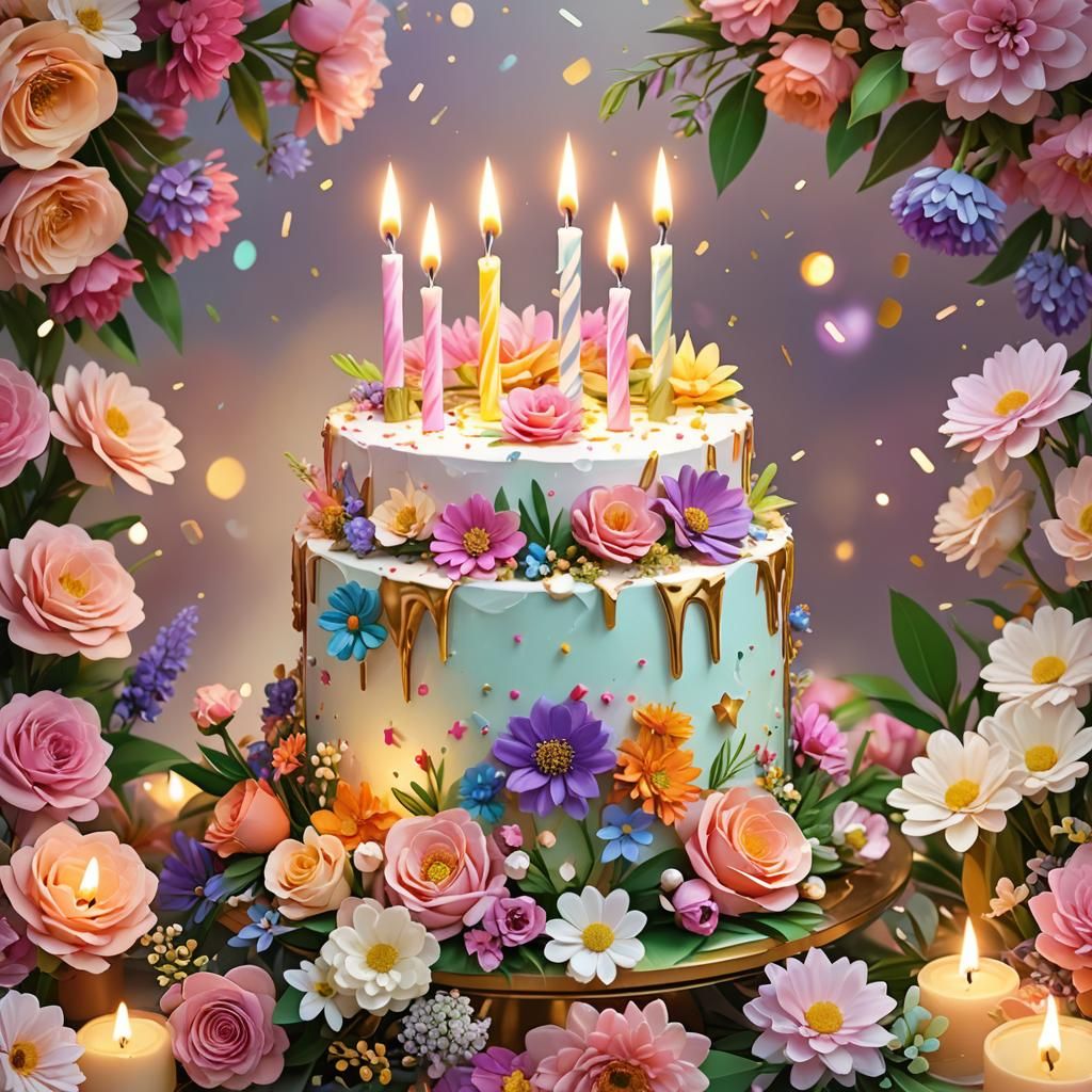 Happy Birthday Cake in Lush Floral Arrangement