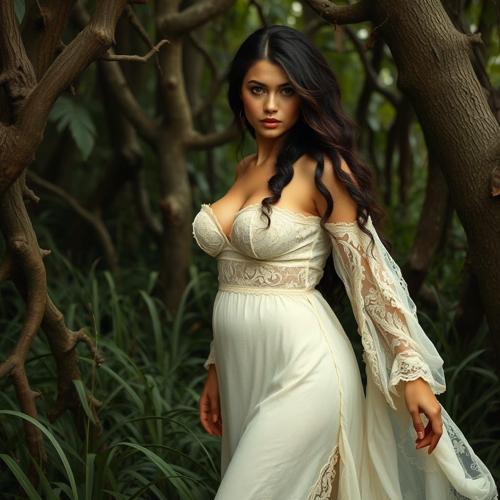 Exotic Jungle Priestess in Cream Lace Gown