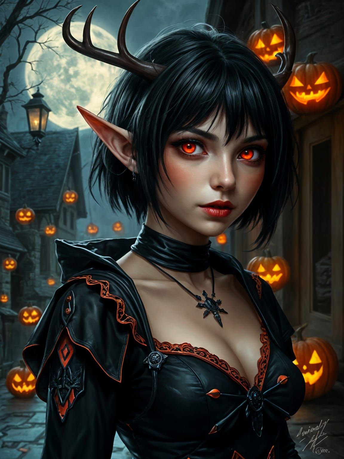 Elf in Halloween Outfit, Dark Fantasy Digital Art