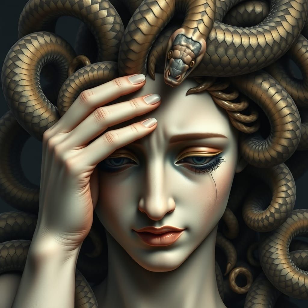 Weeping Medusa Portrait with Snakes, Hyper-Detailed