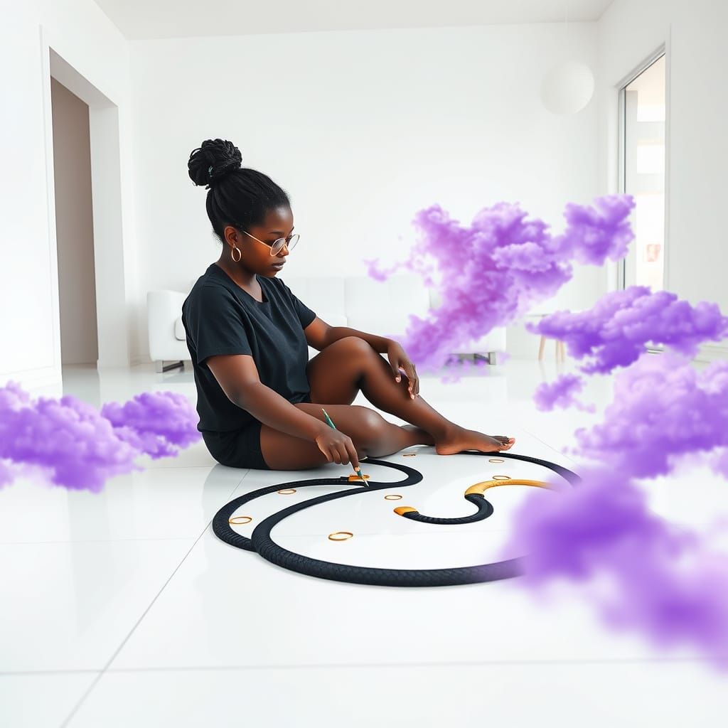 A ultra creative black woman painting heavenly floor tiles