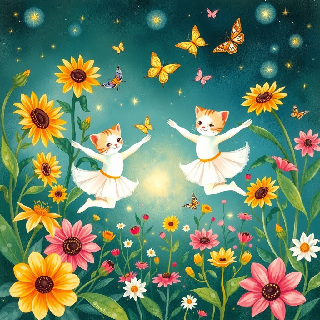 Ballerina Kittens Dancing in a Whimsical Garden