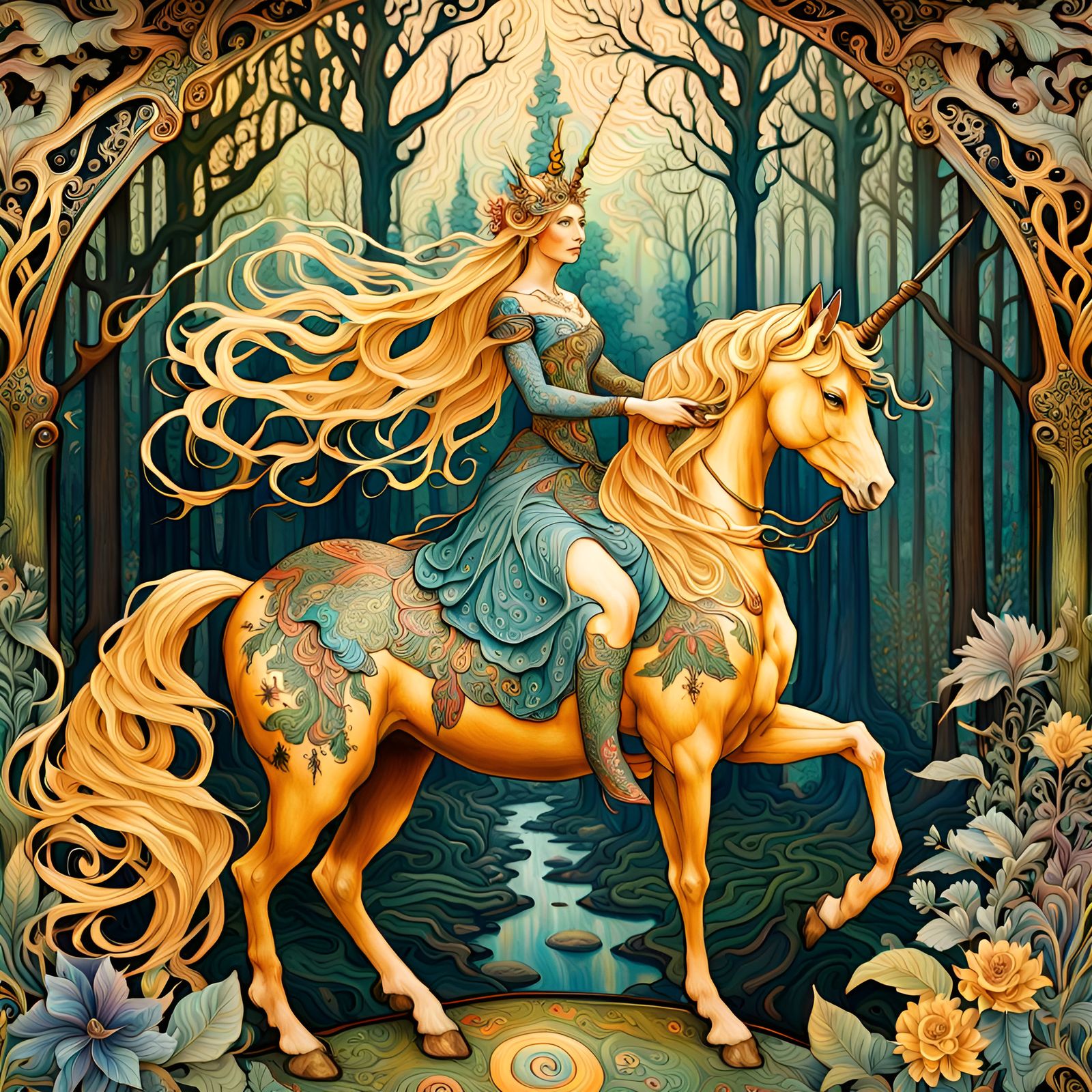 Fairy Queen on Unicorn in Psychedelic Forest