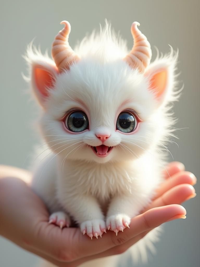 Enchanting Kitten-like Creature with Horns, Digital Painting