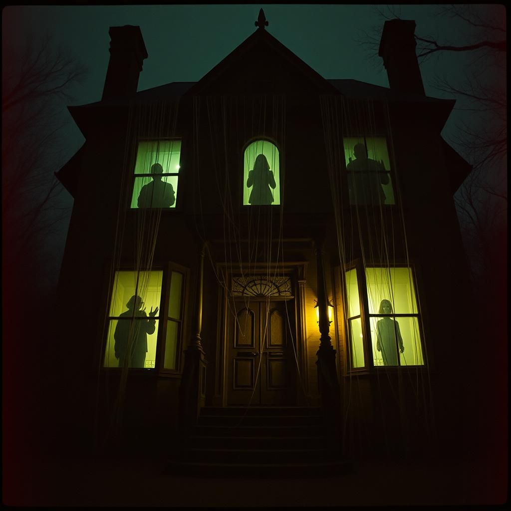Eerie Old Mansion with Shadowy Figures