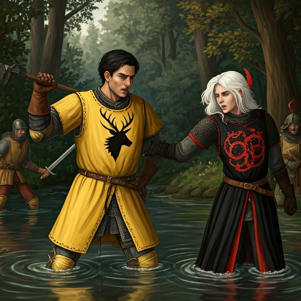 Medieval Battle Scene in Forest River Ford