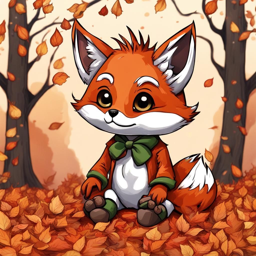 Charming Chibi Fox in Autumn Forest, Fantasy Art