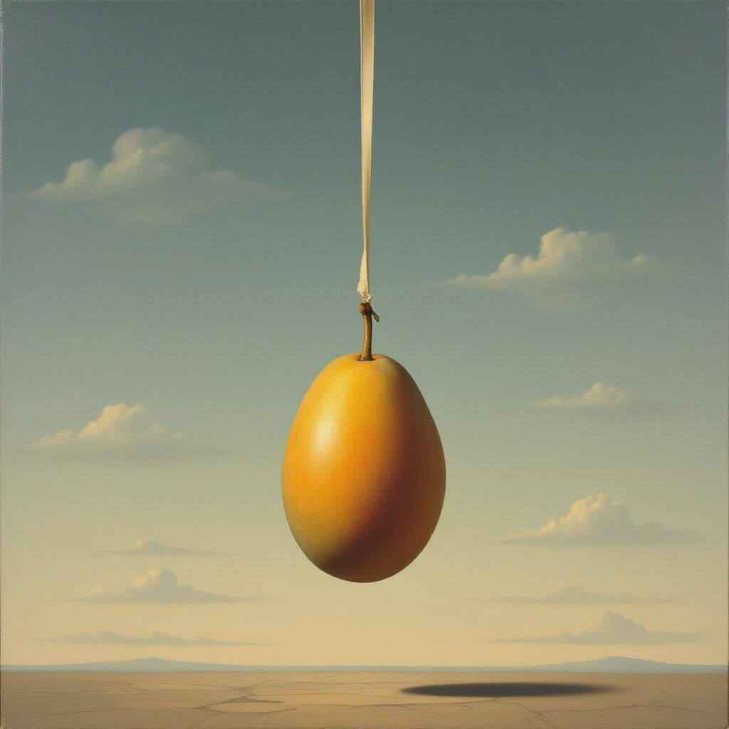 Surrealist Mango Painting in Magritte Style