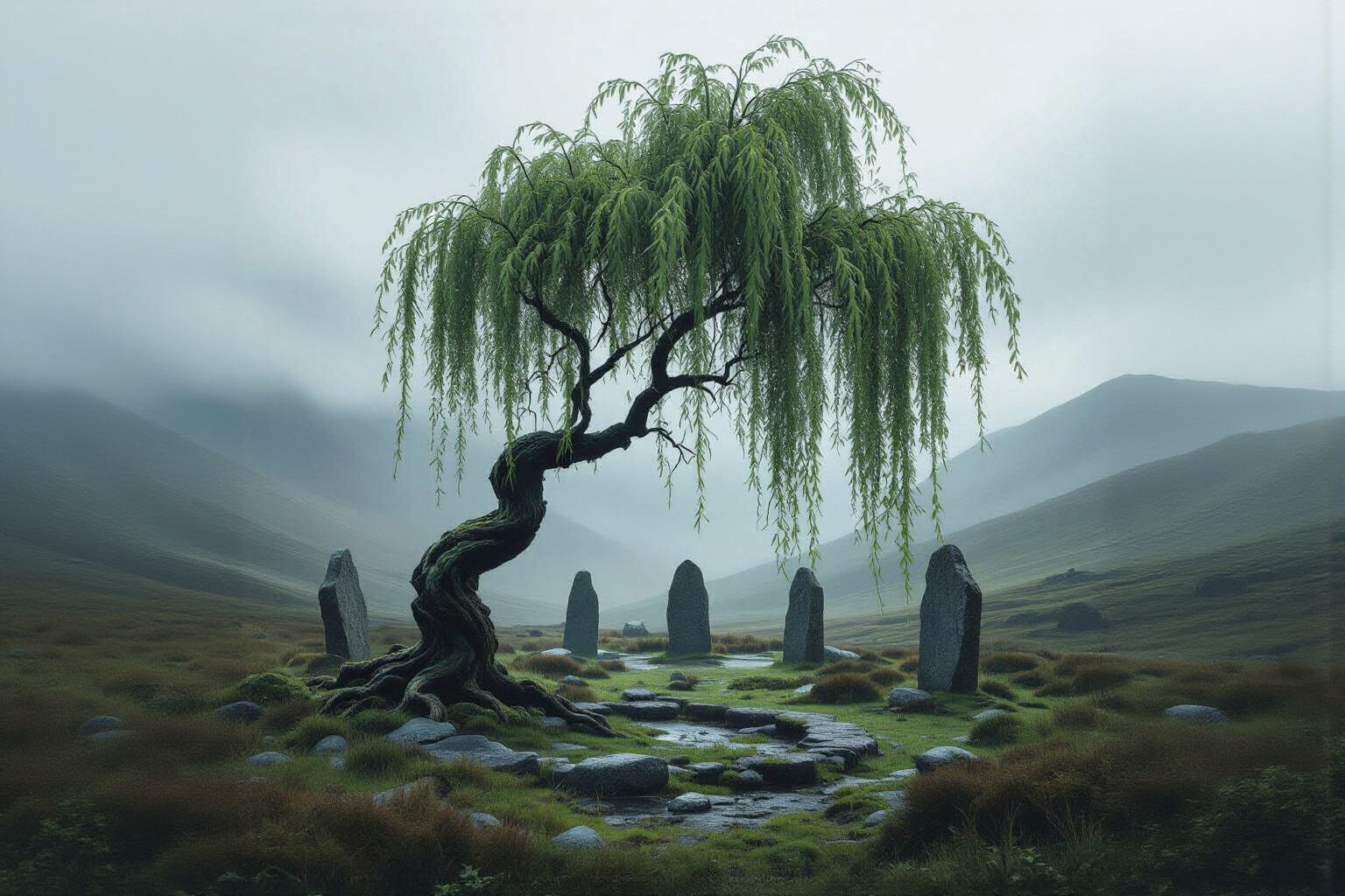 Weeping Willow Branch in Misty Scottish Highlands