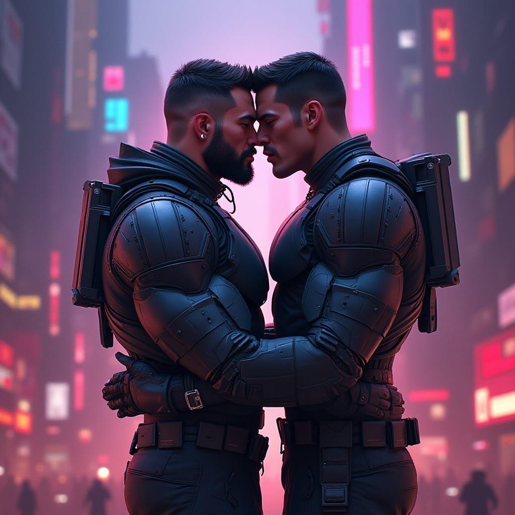 Cyberpunk Embrace: Armored Men Kiss in Neon City