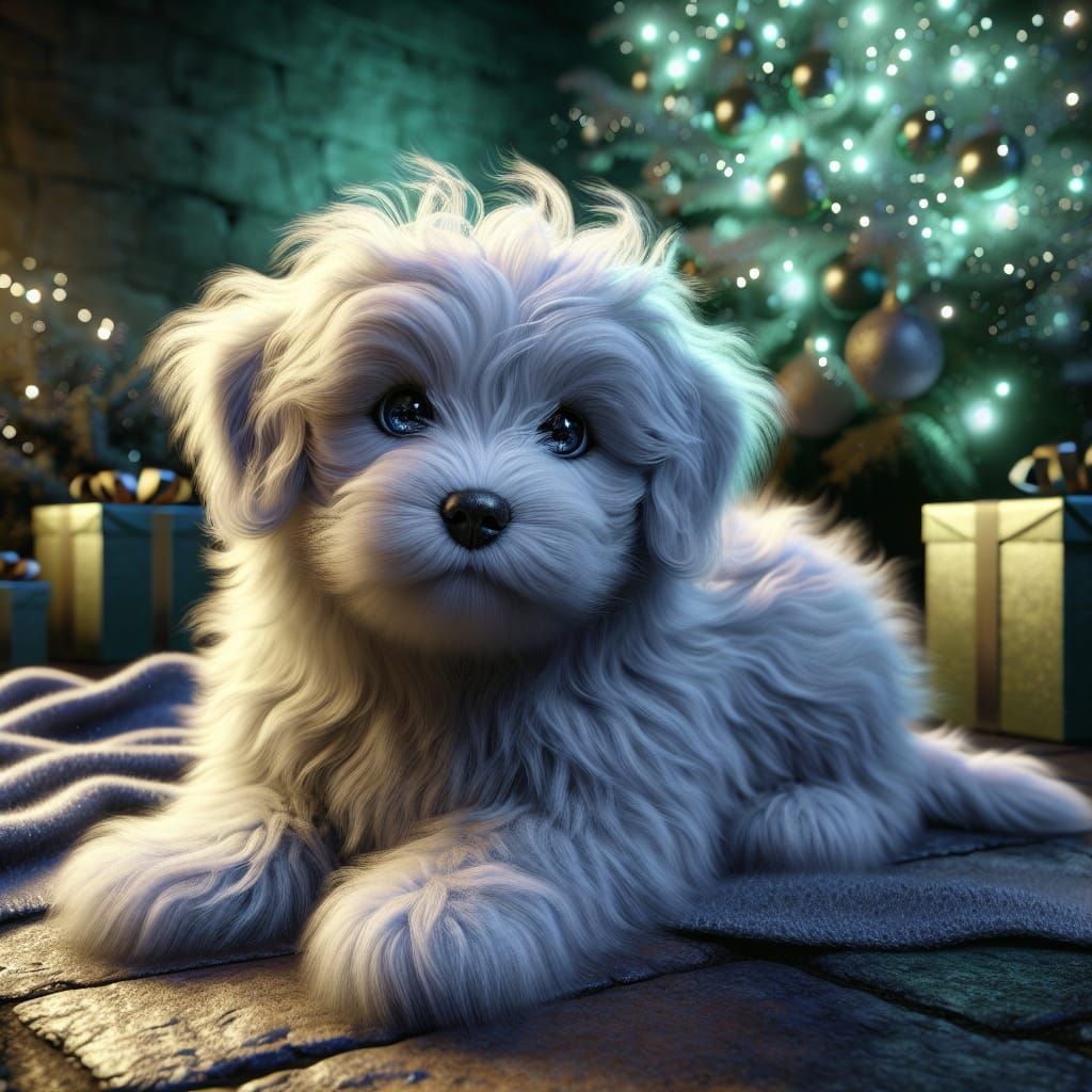 Cute Puppy Under Christmas Tree: Hyper-Realistic Digital Art