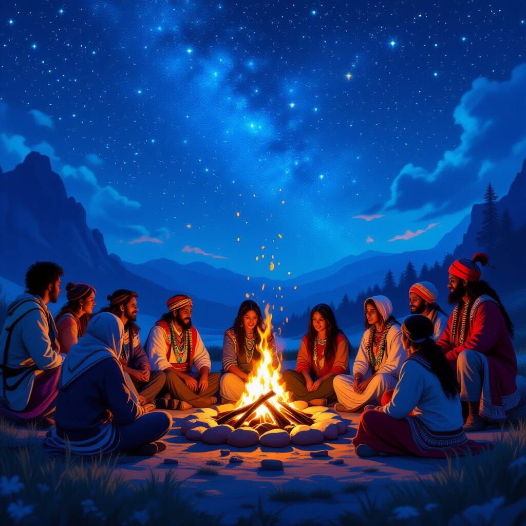 Community Bonfire Under Starry Sky: Fantasy Art