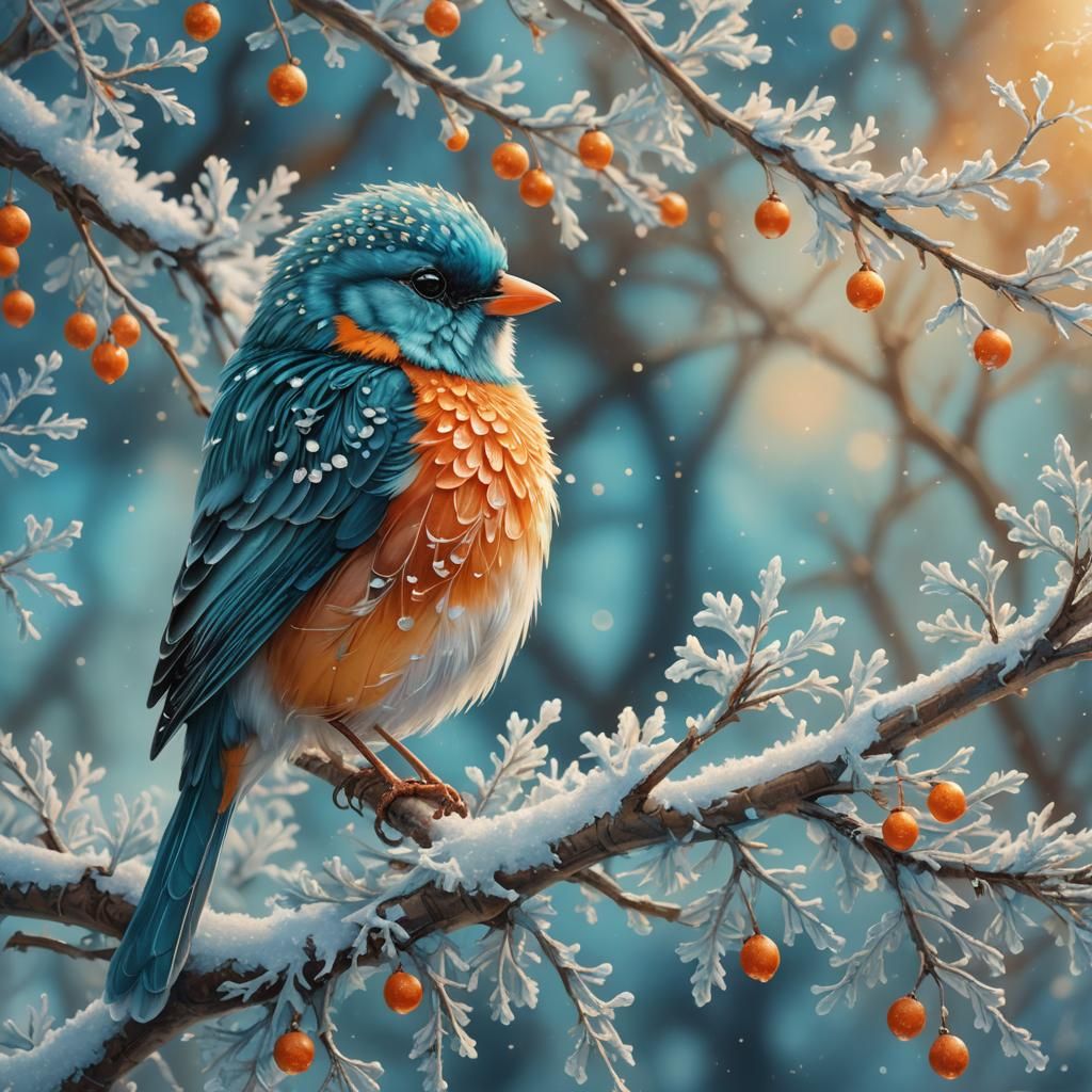 Cute Bird on Frosty Branch in Winter Light