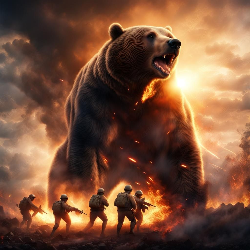 Giant Bear Attack on Soldiers at Sunset