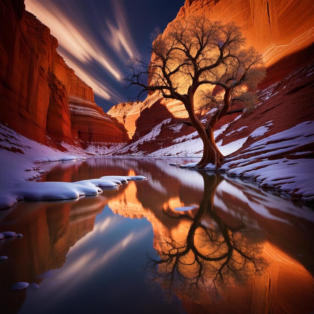 Lone Tree in Utah Canyon with Magic Light