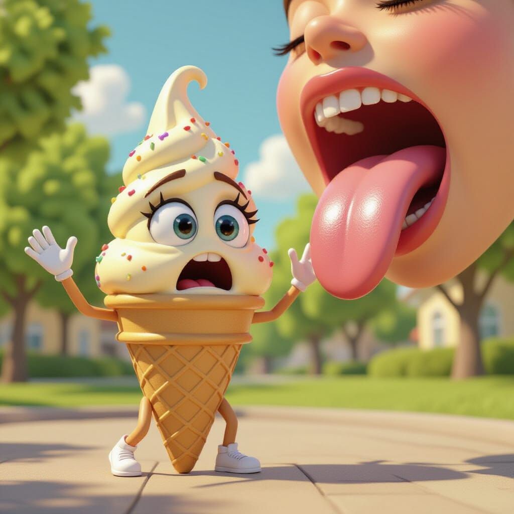 Terrified Ice Cream Cone Character in Cartoon Style