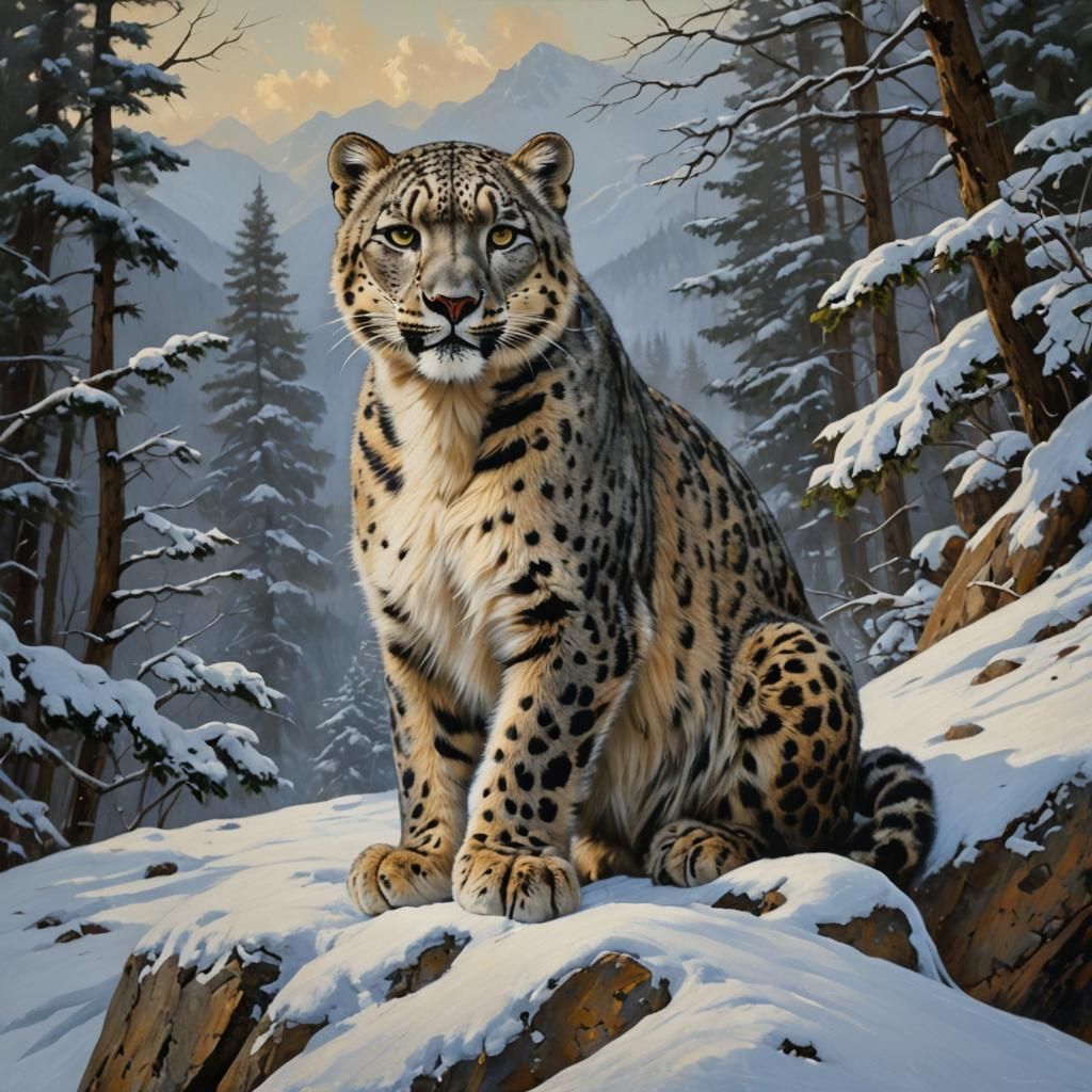 Snow Leopard Portrait in Oil Paint Style