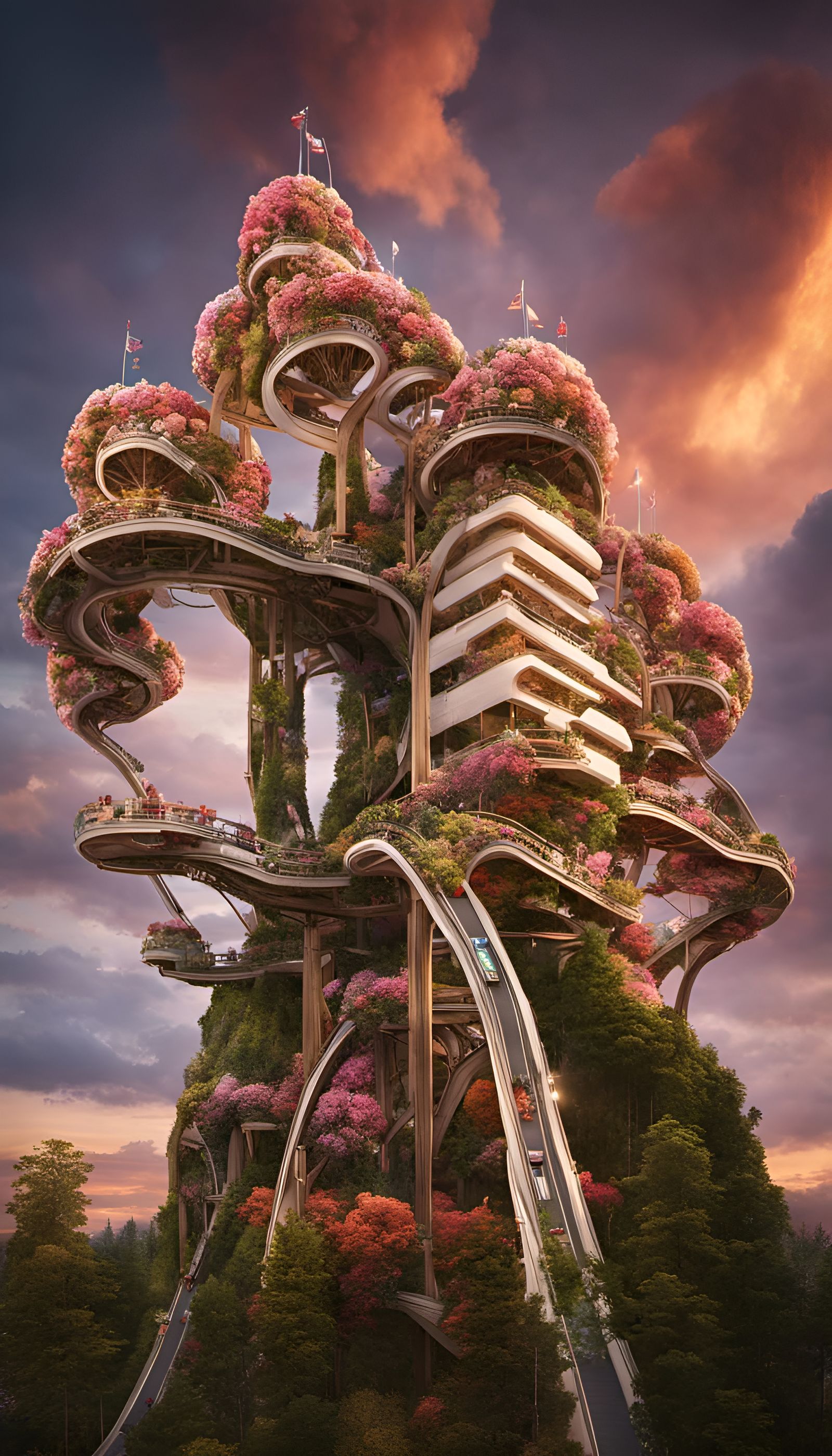 Mega Cloud City of Arcologies with Floral Rollercoaster