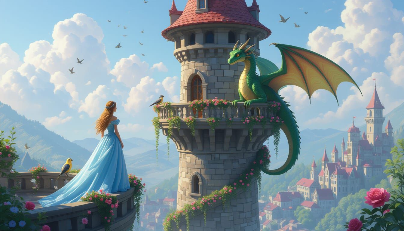 Princess and Dragon Fairy Tale in Airbrush Style