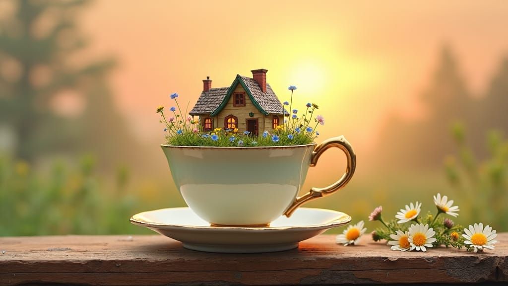 Vintage Teacup with Miniature Farmhouse Scene in Whimsical S...