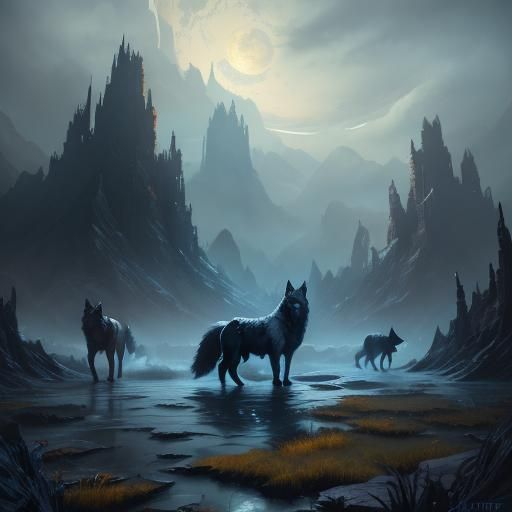 Detailed Wolves Matte Painting in Deep Color