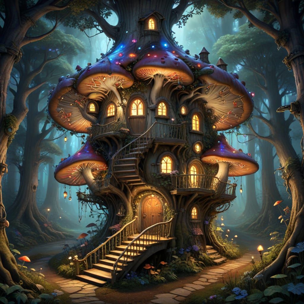 Whimsical Mushroom Treehouse in Enchanted Forest