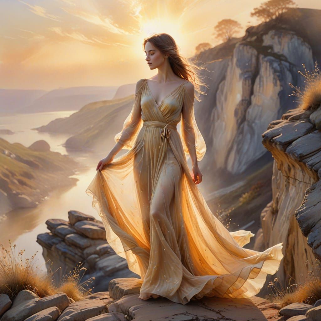 Woman on Precipice in Ethereal Golden Hour Watercolour