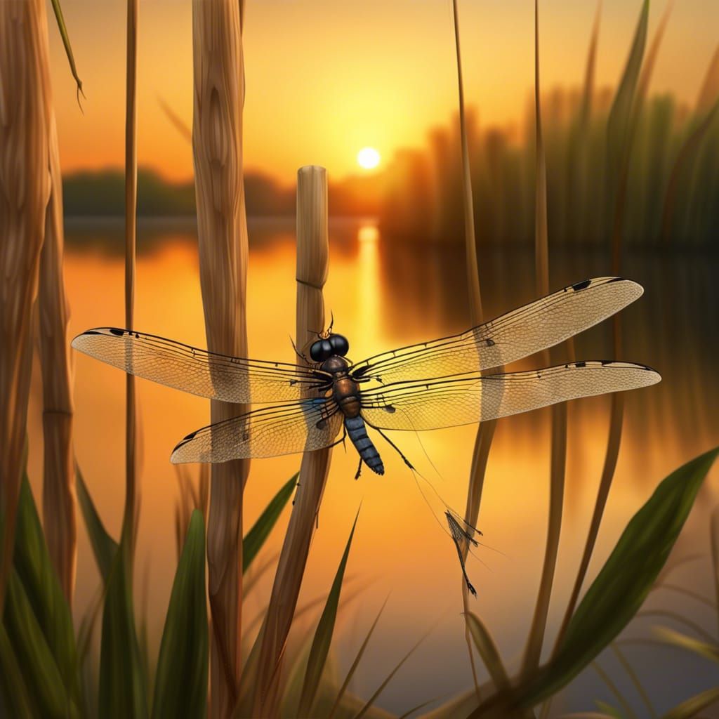 Dragonfly at Sunset: A Photorealistic Water's Edge Scene