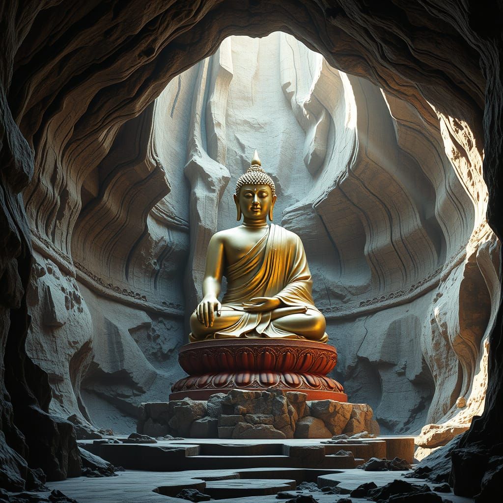 Futuristic Vishwakarma Cave with Shimmering Buddha