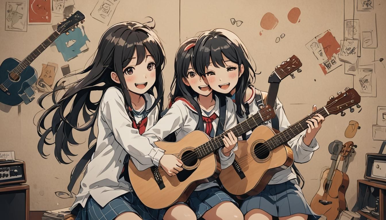 Two Happy Girls with Guitar in Manga Style