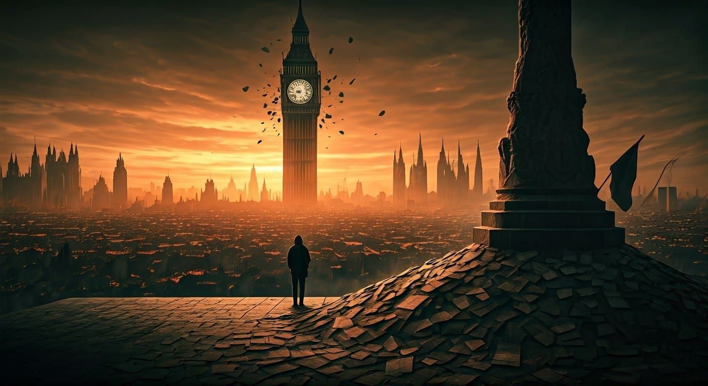 Dystopian Cityscape with Shattered Clock Tower and Rebel Fig...