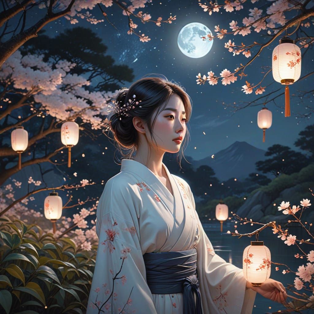 Ethereal Japanese Maiden in Starlit Sakura Oasis