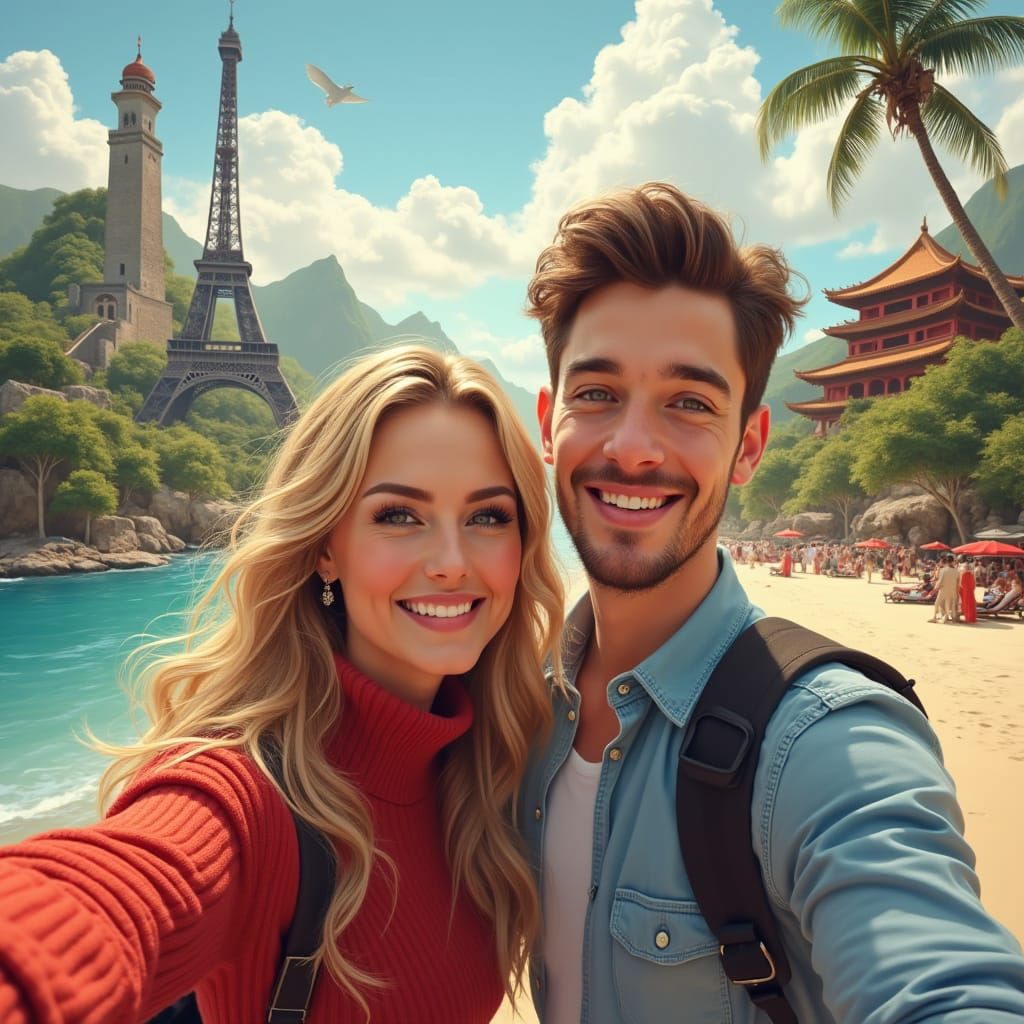 Couple's Joyful World Travel Adventure in Vibrant Colors