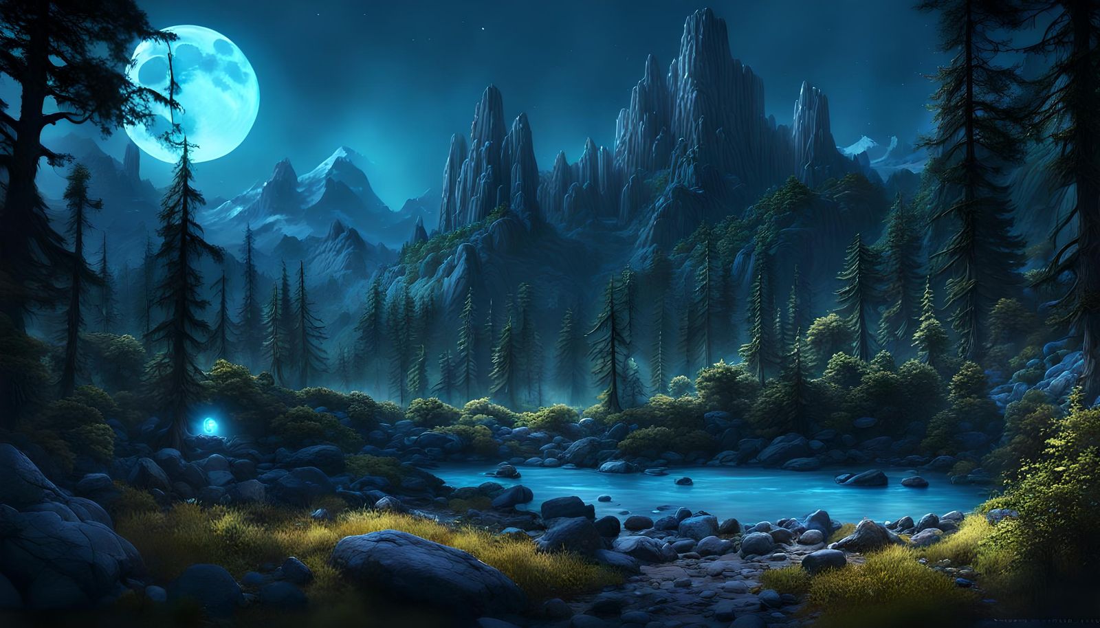Forest and Pale Blue Moon Fantasy Concept Art