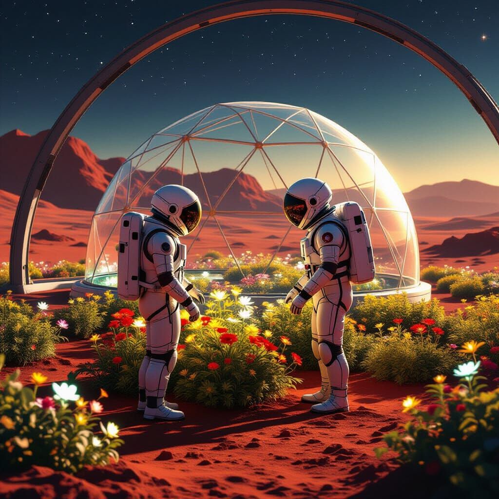 Astronaut Tends Bioluminescent Garden on Mars Under Transpar...