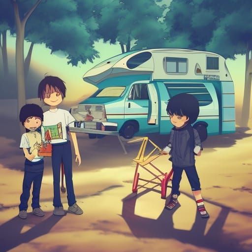 Children Build a Camper in Anime Style
