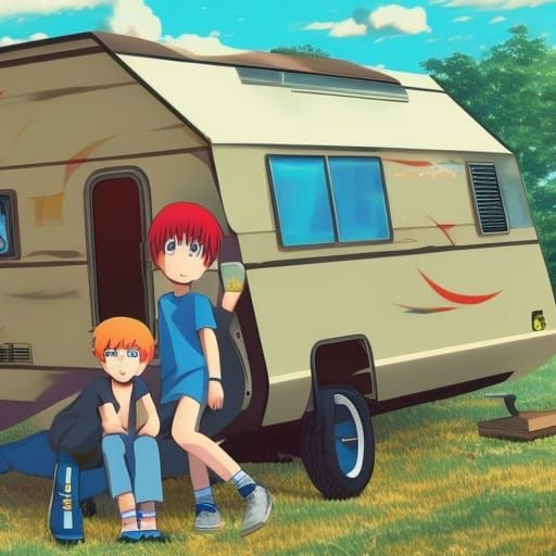 Children Build Camper in Anime Style