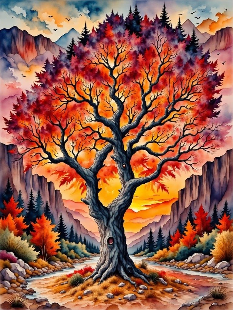 Fiery Autumn Tree in Lush Watercolor Mosaic Style