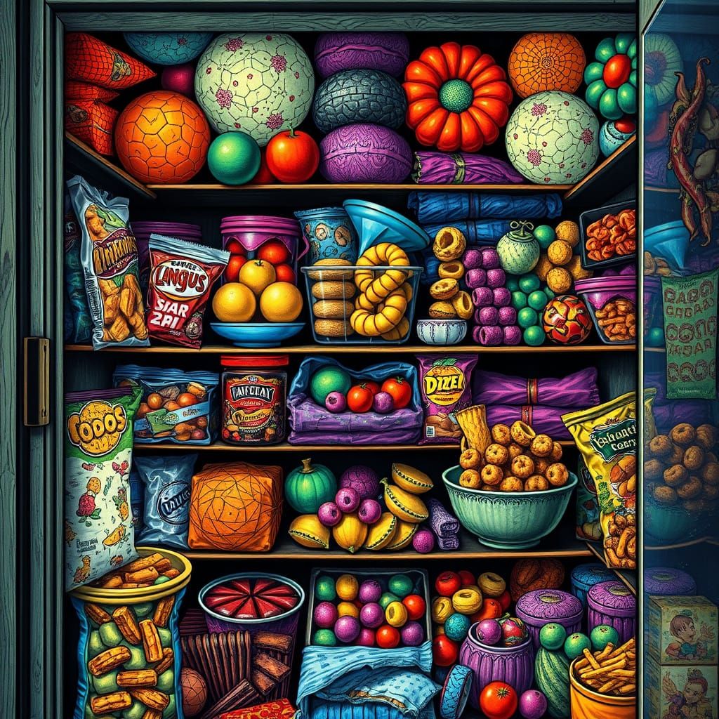 Vibrant Surreal Snack Repository in Cubist Complexity