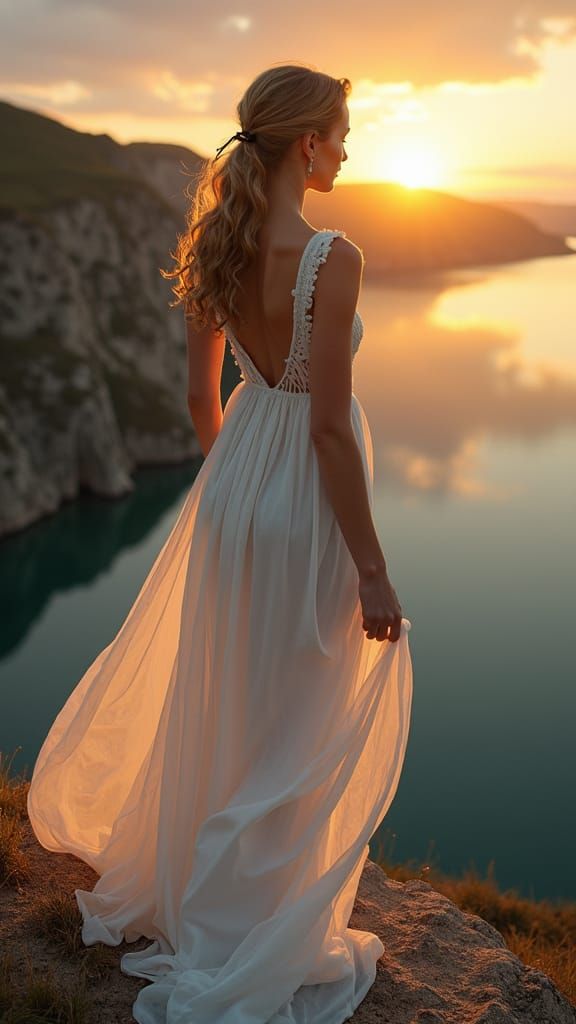 Young Woman in Ethereal White Gown, Standing Alone on Rocky ...