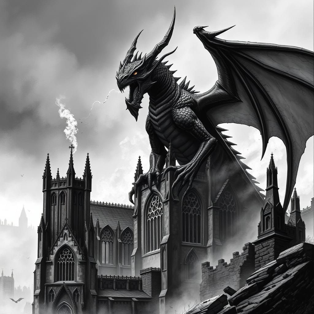 Ancient Dragon Perched on Ruined Cathedral
