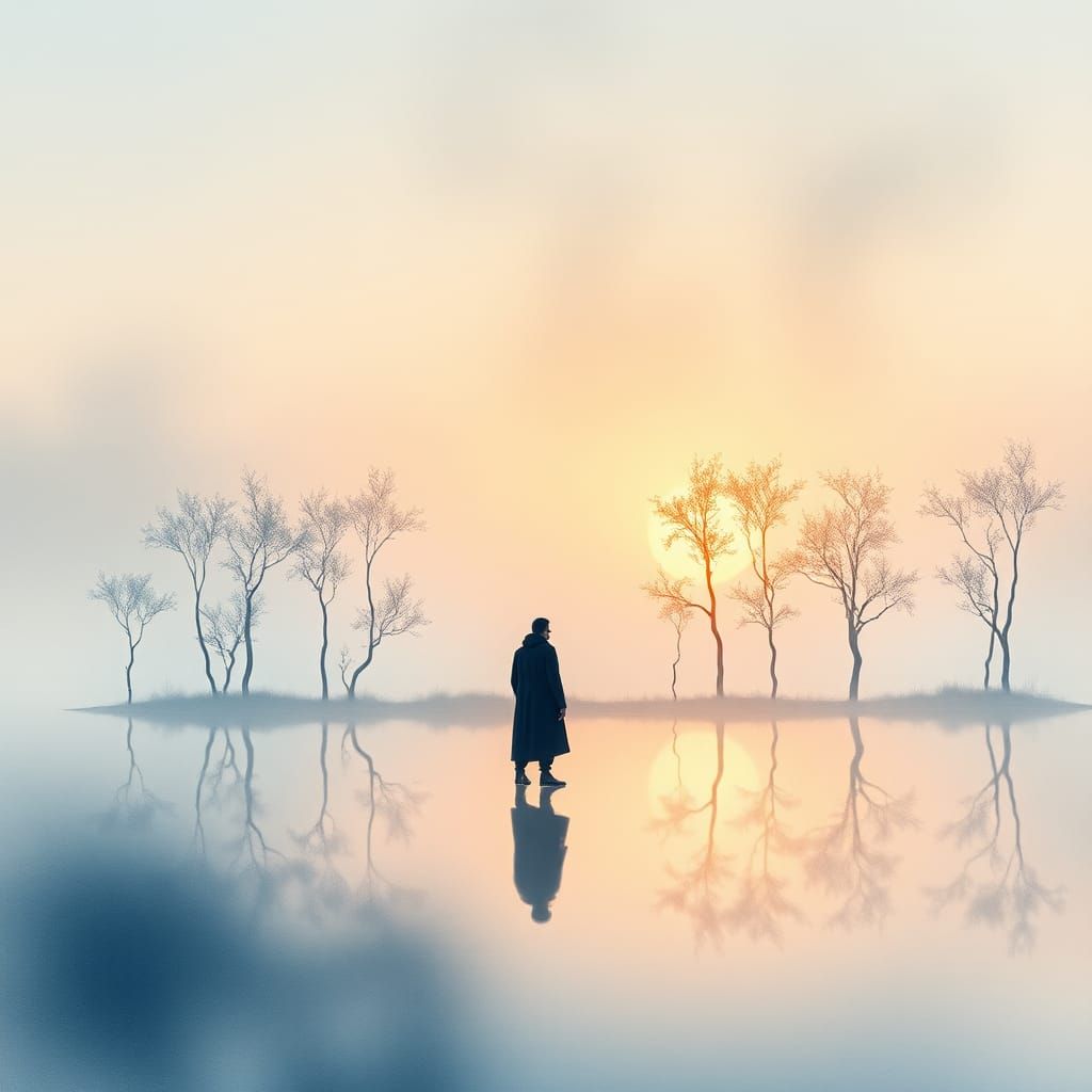 Misty Lake at Sunset in Impressionist Style