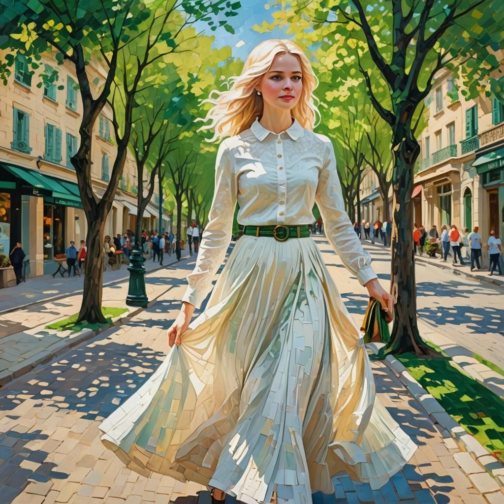 Elegant Woman Strolling: An Impasto Style Painting