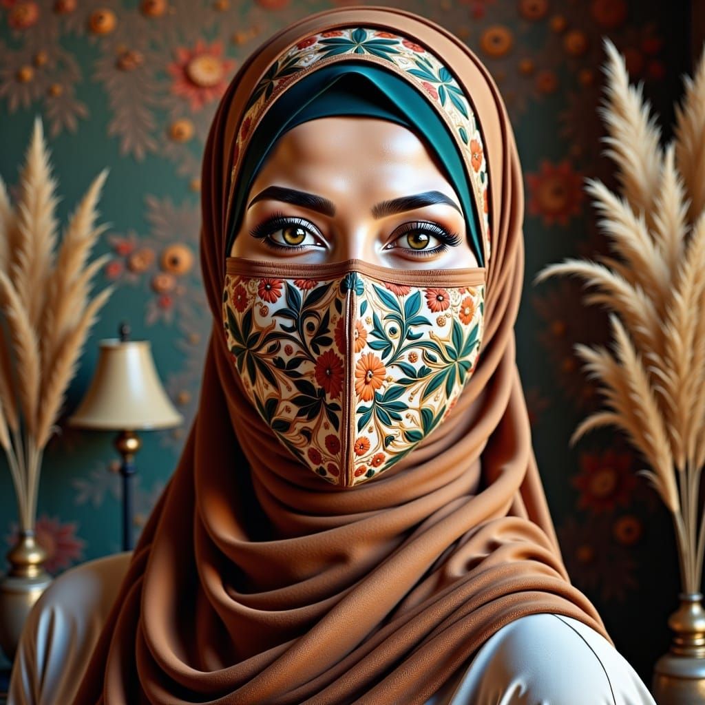 A Beautifully Dressed Hijabi Woman in a Cozy Ornate Setting
