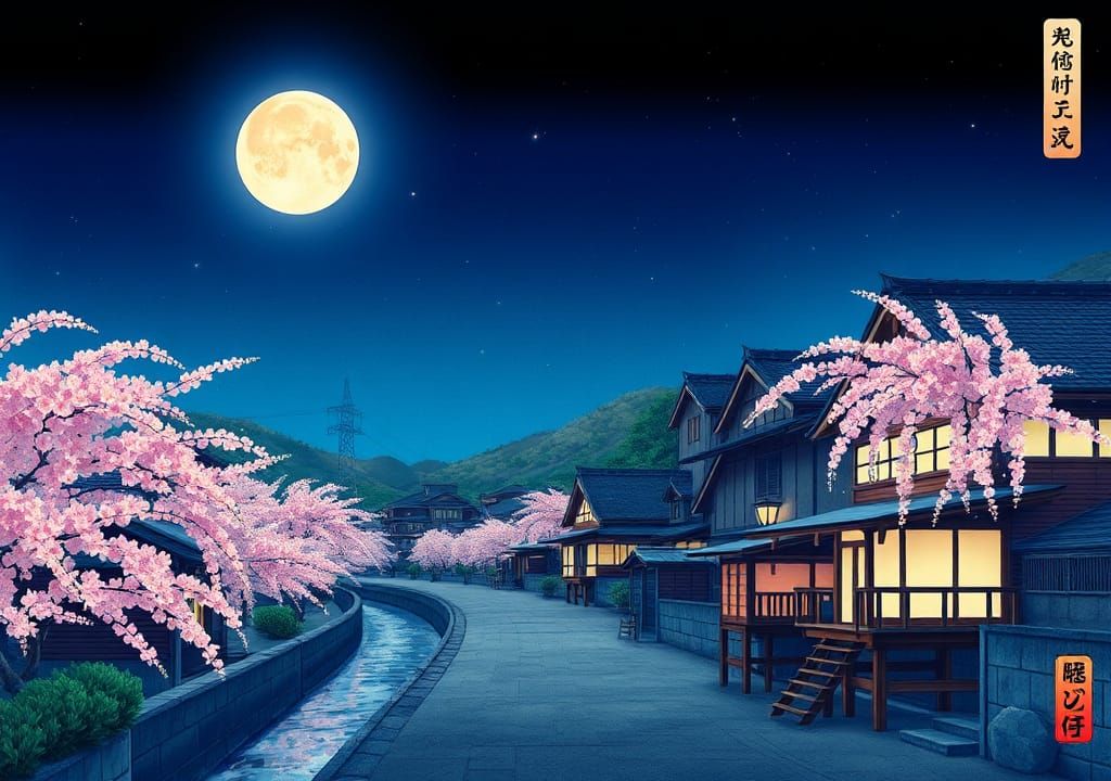 Moonlit Sakura Village in Ukiyo-e Style