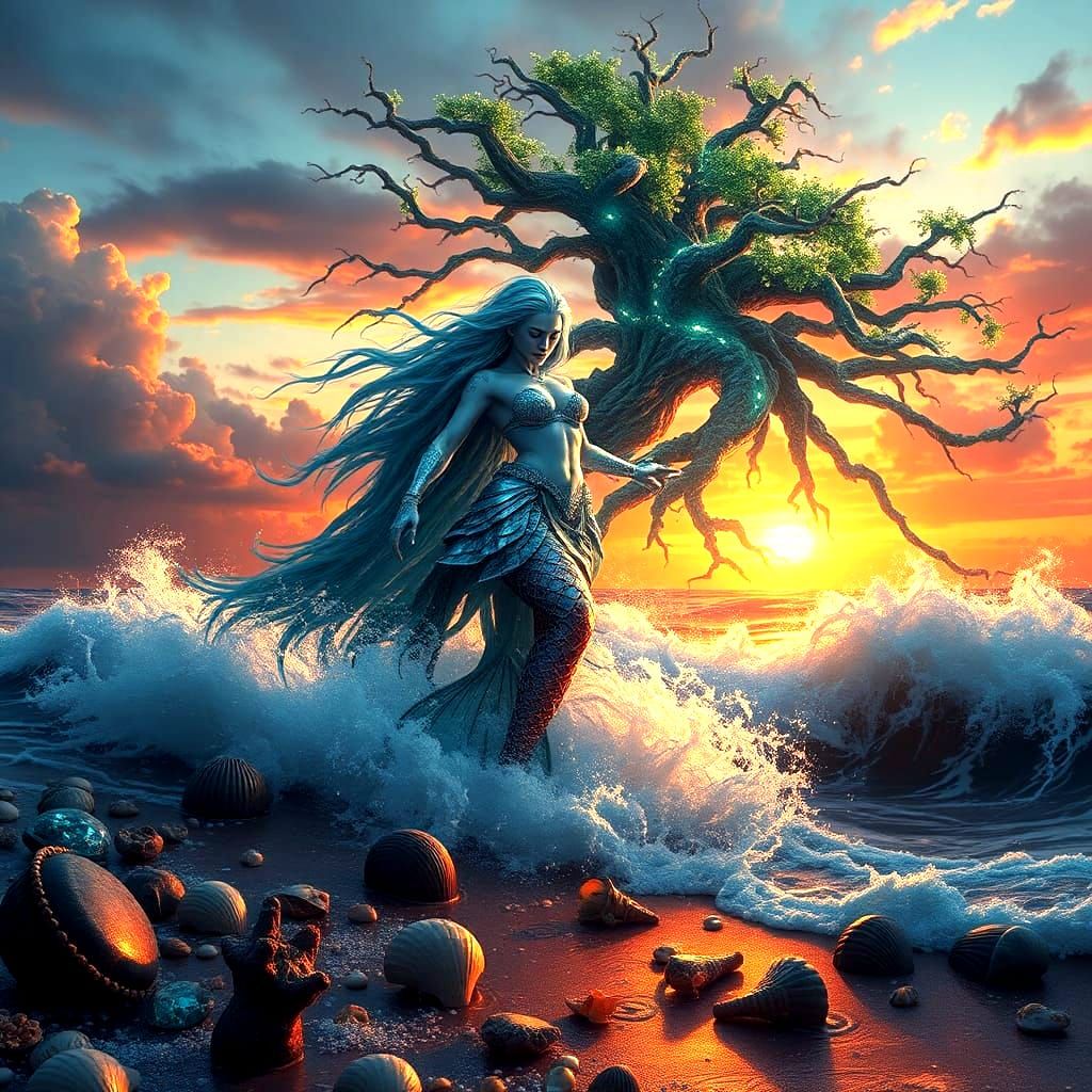 Warrior Mermaid on Gem Beach at Sunset