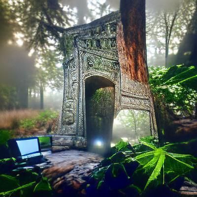 Ancient Gateway Relic in Forest with Fog