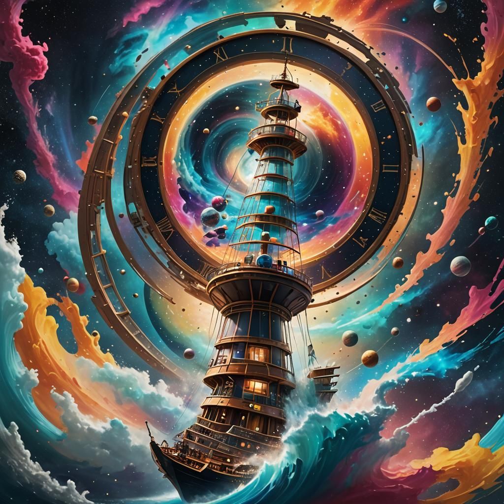 Hourglass Ship Navigates Colorful Space Vortex