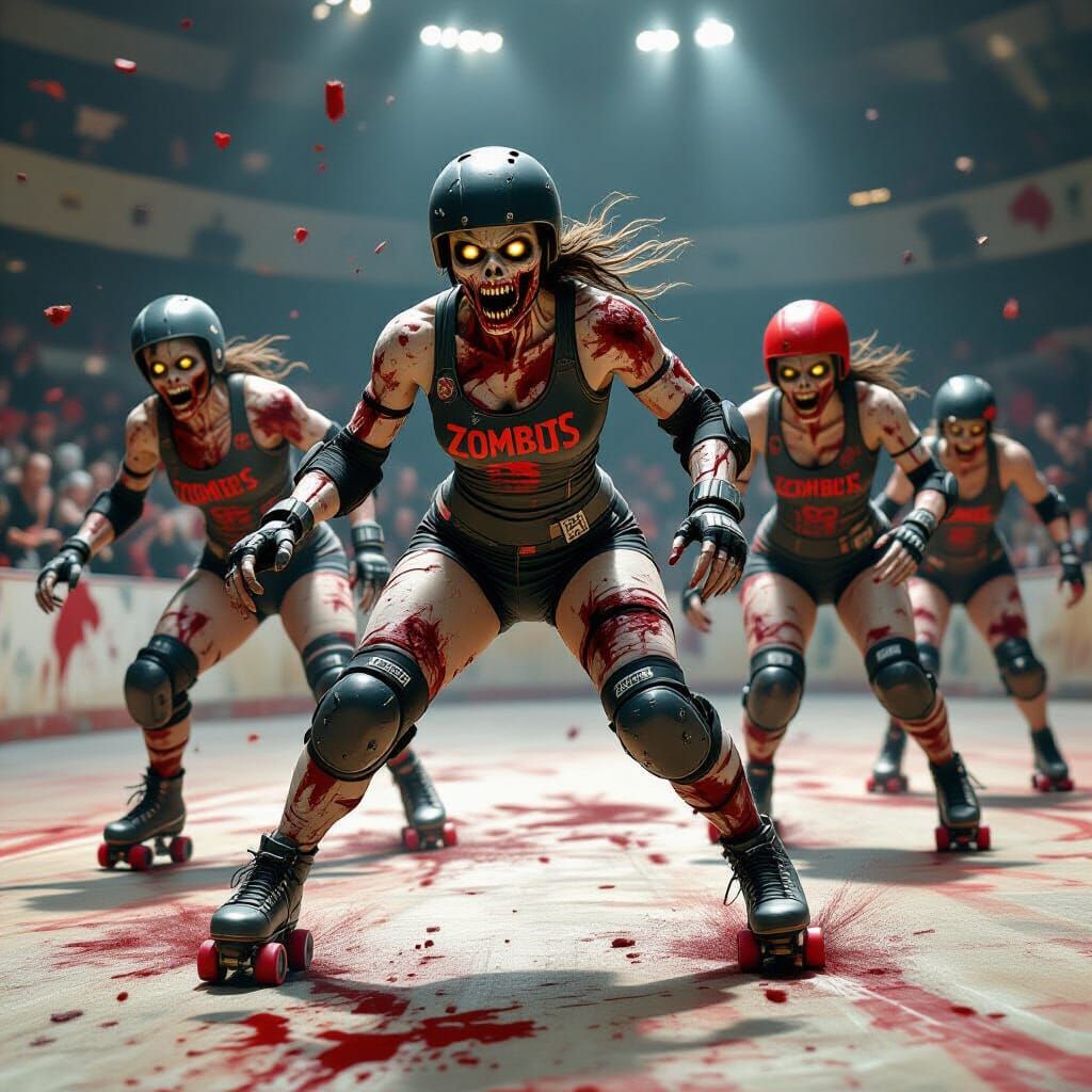 Zombies in Roller Derby Gear Racing on Gritty Track