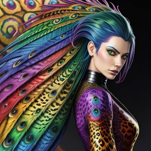 Woman with Dragon Scales and Peacock Hair in Comic Style